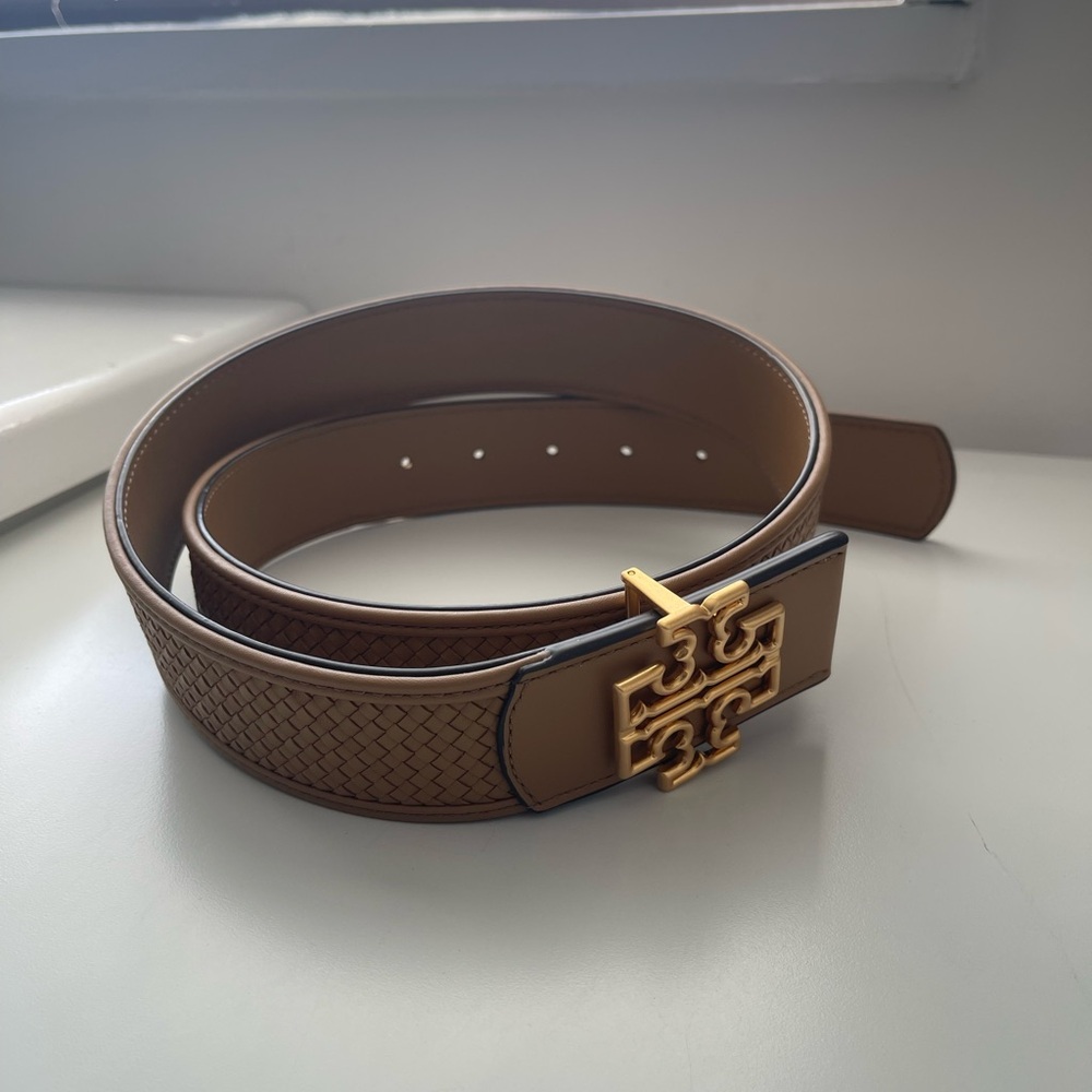 NWOT! Tory Burch Reversible Woven and Leather Logo Belt – Tan – Gold Buckle